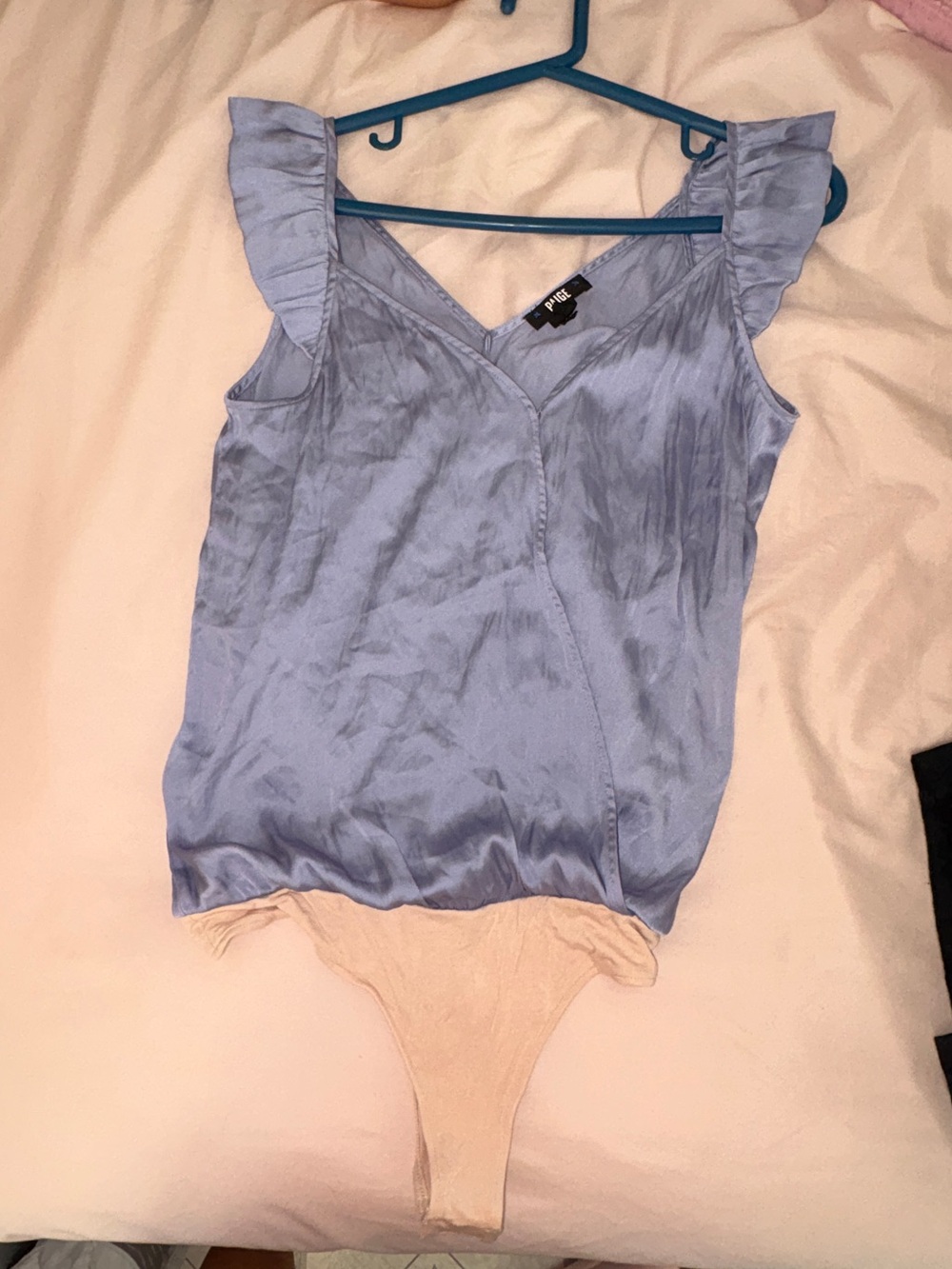 PAIGE Women’s Blue Solid V-Neck Sleeveless Ruffle Strap Bodysuit